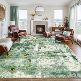 GREFFY 8x10 Area Rugs for Living Room, Machine Washable Abstract Rug, Non-Slip Low Pile Throw Rugs with Rubber Backing Washable Carpet for Bedroom Dining Room Kitchen Home Decor, Green