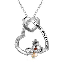 AOBOCO 925 Sterling Silver Engraved 'I Love You Forever' Cute Koala Animal in Heart Pendant Necklace with Austrian Crystal, Valentines Birthday Gifts for Women¡­