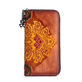 AEGGEAI Women Long Wallet Vintage Embossing Ethnic Style Card Holder Genuine Leather Clutch Large Capacity Multi Pocket Purse (Brown)