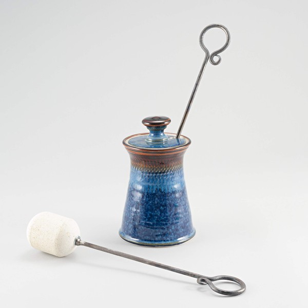 Georgetown Pottery Handmade Cape Cod Firelighter Hamada and Blue Firepot with Iron and Soapstone Fire Starter Wand for Fireplace, woodstove, firepit