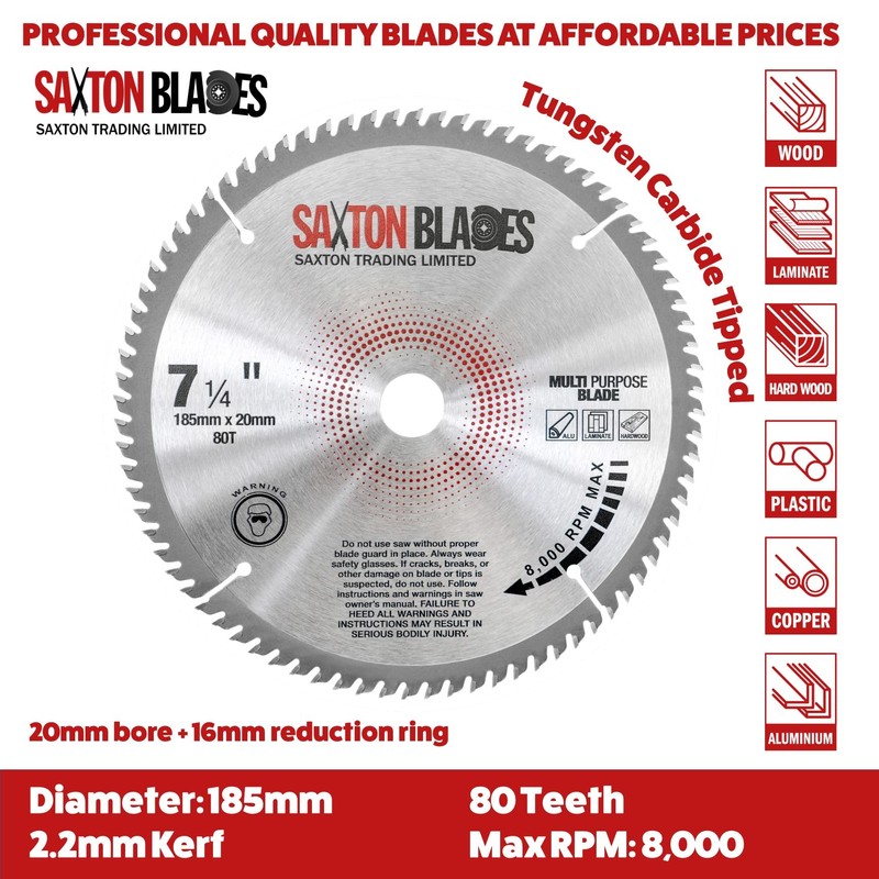 TCT18580TTCG20B Saxton TCT Circular Saw Blade 185mm x 80T x