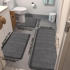 Knit Fabric Bath Rug Set 3-Piece, Geometric Pattern Coral Fleece Bathroom Mats, Non-Slip Backing, Hand Wash, Embossed Striped Design, Soft Comfortable Polyester Rugs with 300gsm Weight, 0.59inch Thickness - Bathroom Accessories Decor - Color: grey