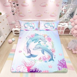 Cute Dolphin Fitted Sheet Twin Size Watercolor Ocean Fish Coral Bedding Set 2pcs for Kids Girls Boys Teens Room Decor Cartoon Sea Animals Deep Pocket Sheet Fantasy Pink Blue Bed Sheet,1 Pillowcase