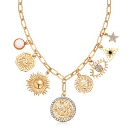 BONJOULRY Charm Necklace for Women Gold Sun Moon Evil Eye Coin Pendent Necklace Celestial Dainty Paperclip Chain Charms Necklace Choker Necklace Jewelry Coins
