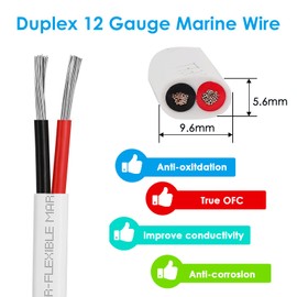 Kimbluth 12 Gauge Duplex Marine Wire Tinned Copper Boat Cable, 200ft 12 AWG Standard USA OFC Oxygen Free Copper Wire for Automotive Boat Speakers Solar Outdoors