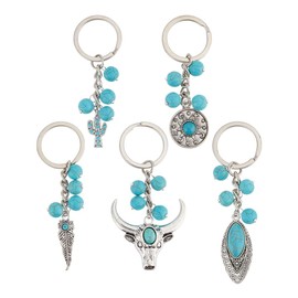 GOMAKERER 15 Pcs 5 Styles Synthetic Turquoise Keychain, Cattle Cactus Charm Pendants Lucky Crystals Stones Ornament Keychain with Split Key Ring for Car Key Bag Decoration