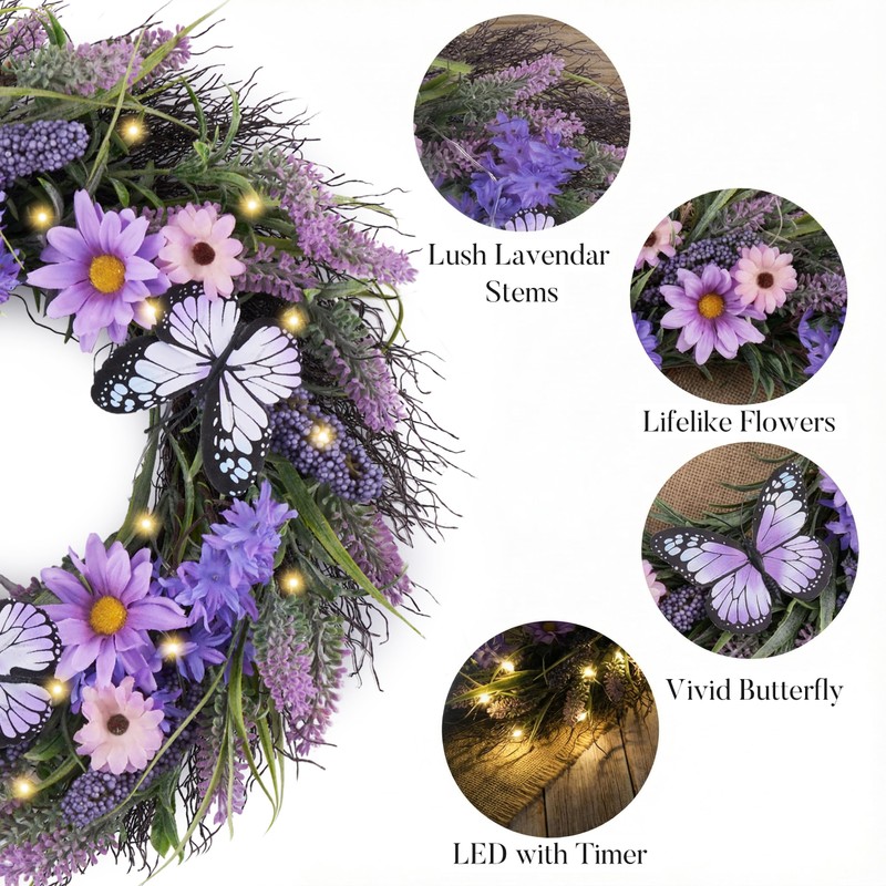 18 inch Spring Lavender Wreaths for Front Door with Lights