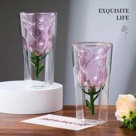 Handmade Rose Fancy Water Glasses, 6 OZ Modern Clear Glass Cups, Cute Glass Drinking Glasses, Double Wall Stemless Wine Glass, Unique Drinking Cups for Kitchen Cocktail Highball Juice