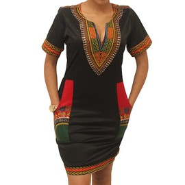 Bohemian African Attire for Women Dashiki Kaftan Dresses Tribal Theme Midi Outfits BlackRed