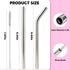 XccMe 6 PACK Stainless Steel Smoothie Straws,0.4'' Extra Wide Reusable Metal,9.5inch Replacement Long Drinking Straws for Milkshake, Smoothie,Beverage,Bubble Tea with 3 Cleaning Brush