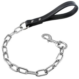 Metal Chain Heavy Duty Dog Leash, 28 inch Length Dog Leash with PU Leather Handle for Large & Medium Size Pets Walking (Black)