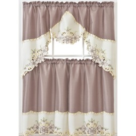 GOHD Arch Floral Kitchen Curtain Set/Swag Valance & Tier Set. Nice Matching Color Floral Embroidery on Border with cutworks (Taupe)