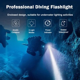 Scuba Diving Flashlight, Super Bright Diving Light, IPX8 Waterproof Snorkeling Light Rechargeable, 3 Modes Submarine Flashlight, Professional Underwater LED Flashlight for Deep Sea Cave, Diving (A)
