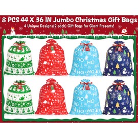 Extra Large Christmas Gift Bags - 8 PCS Jumbo Gift Bags 36” x 44” Oversized Giant Xmas Bags with Tags & Ties Holiday Gift Bags Christmas Decoration Huge Santa Wrapping Bag for Big Gifts, Goodie, Party