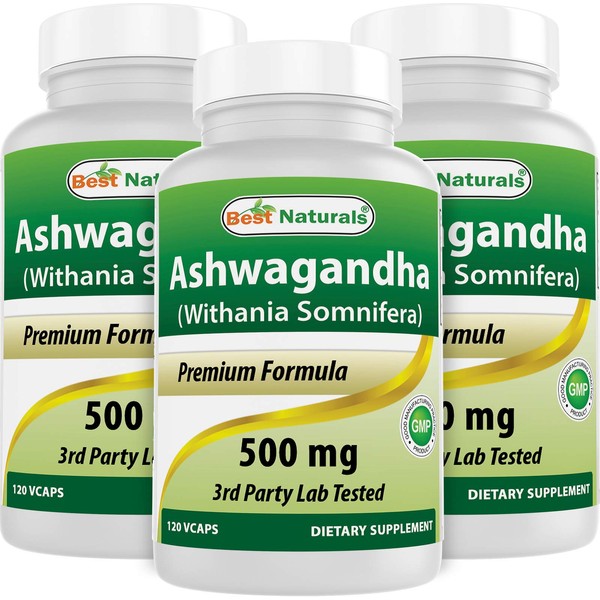 Best Naturals 3 Pack Ashwagandha Capsules for Relaxing Stress and Mood, 500 mg, 120 Count ( Total 360 Capsules)