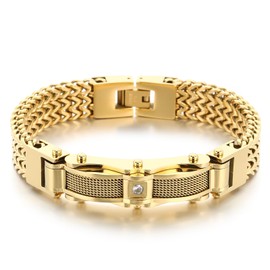 Klapgo Gold Stainless Steel Bracelet for Men with Cubic Zirconia, Cuban Franco Link Chain Gift for Him, Upgraded Clasp