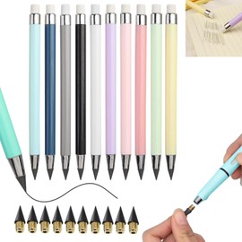 ATBEAMEN 10 Metallic Inkless Magic Infinity Pencils with Eraser,10Pcs Auauy Inkless Nibs Replacement,That Never Run Out Reusable Pencils for Writing and Drawing,Home Office School Supplies