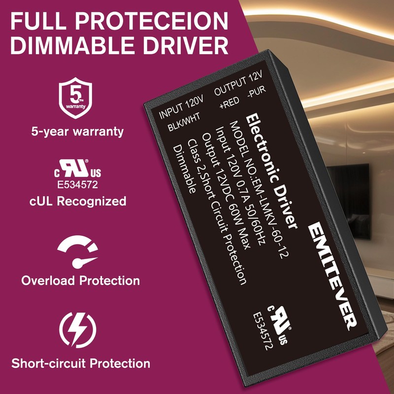 EMITEVER Electronic Dimmable Driver 60W,Power Supply Transformer 120VAC to 12VDC,Compatible