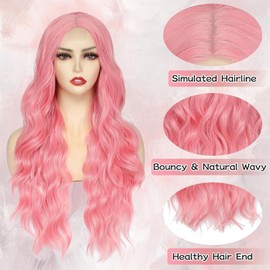 XILIYAI Pink Wigs for Women, 26 inch Middle Part Long Curly Wig Heat Resistant Synthetic Hair Looking Natural, Fiber Wig for Daily Party Use