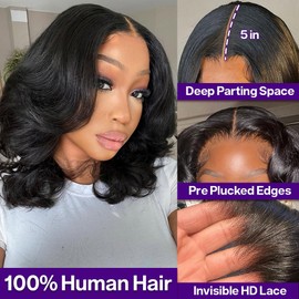 omswet Body Wave BOB Wig Human Hair 5X5 HD Lace Closure Wavy Wigs for Black Women Human Hair Glueless Wear And Go Wigs Human Hair Pre Plucked Wavy Human Hair Wig 200 Density 14 Inch Body Wave Wig