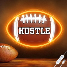 Football Neon Signs for Wall Decor, HUSTLE Neon Sign, Football Shaped LED Neon Light for Man Cave, Teens, Boys, and Girls' Bedrooms and Game Rooms. Neon Wall Signs Gift for Football Fans Teens