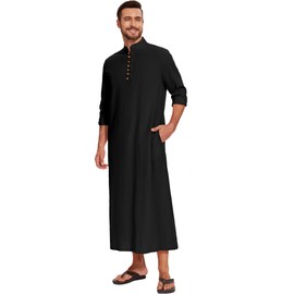 LVCBL Thobe For Men Casual Long Sleeves Men's Button Up Kaftan with Pockets Big and Tall Black L