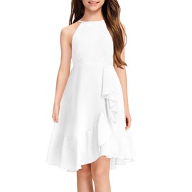 MITILLY MITILLY Girls Lace Flower Ruffle Dress Chiffon Halter A Line High Low Flowy Junior Bridesmaid Dresses for Wedding Party 12 Years White
