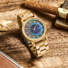 Mujuze Unisex Wooden Analogue Quartz Watch - 40 mm - Sandalwood - Lightweight & Quiet Watch for Men & Women, olive