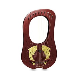 Lyre Harp 10 Metal Strings Engraved Golden Fish Design Brown finish tuning key, Carrying bag