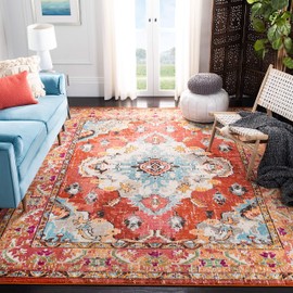 Safavieh Monaco Collection MNC243H Bohemian Chic Medallion Distressed Area Rug, 6' 7" x 9' 2", Orange/Light Blue
