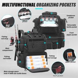 BISKLNDN Tactical Fishing Backpack with 4 Tackle Boxes, Rod Holders, Bottle Holder, Large Storage Fishing Bag Store Fishing Gear and Equipment, 50L Black