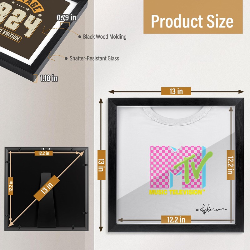 Dunkive T-Shirt Display Frame, 13" x 13" Black Wood T-Shirt