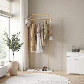KaKaBB Gold Clothing Rack with Marble Base, Heavy-duty Garment Rack, Modern Freestanding Coat Rack for Boutiques and Office (1 tier, 31.5")