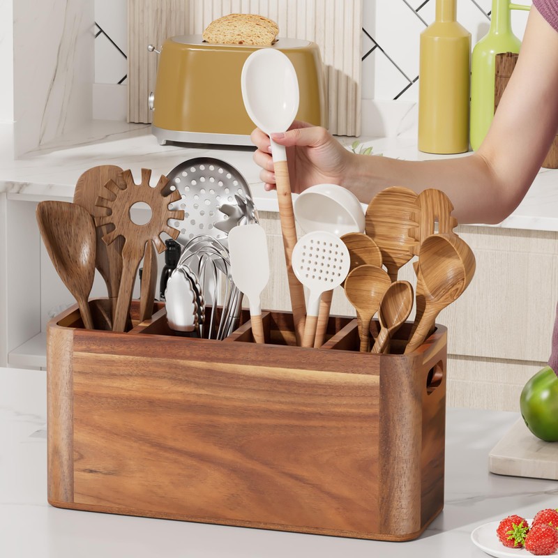 ZUJJAFY Utensil Holder, Acacia Wood Kitchen Utensil Holder for Counter