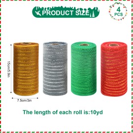 TSLBW 4 Rolls Christmas Ribbon Decoration Poly Mesh Roll, Xmas Ribbons Mesh Metallic Winter Foil Decomesh Roll for DIY Wreath Making Swag Garland Christmas Party Gifts Box Decoration (A)