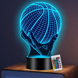 WELLXUNK Basketball Gifts Boys Children Girls Basketball 3D Illusion Lamp, Basketball Night Light with Remote Control + Touch 16 Colour Changing + Timer Desk Lamps, Basketball Lamp Gift