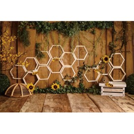 Renaiss 6x4ft Rustic Bee Themed Backdrop Wooden Wall Floor Beehive Photography Background Green Leaves Ivy Sunflower Honeycomb Farmhouse Baby Shower Birthday Party Banner Kids Pet Photo Booth Props