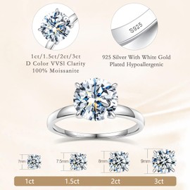 1.5 CT Round Moissanite Engagement Rings for Women,18K White Gold Plated S925 Sterling Silver Ring Solitaire Moissanite Promise Ring For Her,D Color VVS1 Wedding Band for Women Jewelry Gifts Size7.5