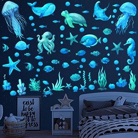 Glow in the Dark Ocean Fish Wall Stickers, Under the Sea Wall Stickers Vinyl Sea Life Wall Decals Removable Waterproof Peel and Stick for Boys Kids Bedroom Bathroom Creatures
