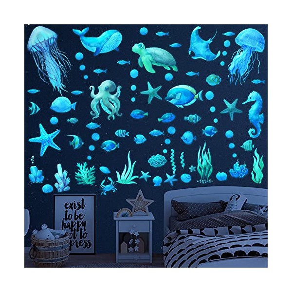 Glow in the Dark Ocean Fish Wall Stickers, Under the Sea Wall Stickers Vinyl Sea Life Wall Decals Removable Waterproof Peel and Stick for Boys Kids Bedroom Bathroom Creatures