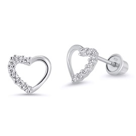 925 Sterling Silver Rhodium Plated Open Heart Cubic Zirconia Screwback Baby Girls Earrings