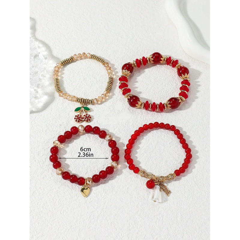 JWIGP 4Pcs Cherry Bracelet Set for Women, Red Beaded Pendant
