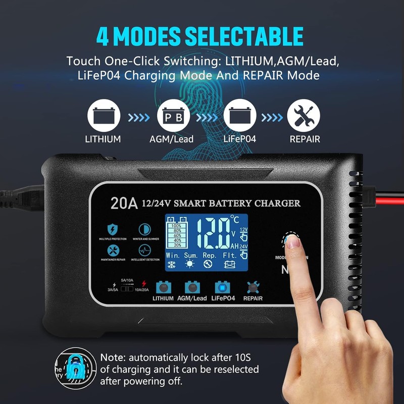 Battery Charger 0-20A 12V and 24V Lithium, LiFePo4, Lead Acid