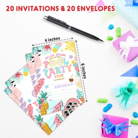 AWSICE Pool Party Birthday Invitations, 20 Invite Cards with Envelopes, Summer Style Double-Sided Fill-In Invite Cards For Birthday Party，Boys, Girls, Kids, Teen-D03
