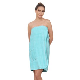 Komfokore Women's Knee-Length Bathrobe with Button Closure - Lightweight Spa Coat with Adjustable Closure & Practical Side Pockets, blue, L