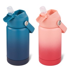 Fijinhom 12oz Water Bottle, 2 pack Kids Water Bottles for School, Toddler Water Bottle with Straw & Handle, 304 Stainless Steel Insulated Water Bottle, BPA Free, Gradient Blue+Gradient Red