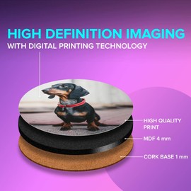 1 x Round Jumbo Size Coaster 12cm Dachshund Dog Black Red Collar Cork Backed MDF Glossy Tea Coffee Accessory #63077
