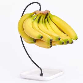 VROOMIUM Banana Holder Stand with Ceramic Bowl - Holds Up to 5 Pounds Bananas, Hassle-free Cleaning, Stylish and Chic Design Banana Rack - Chic Black