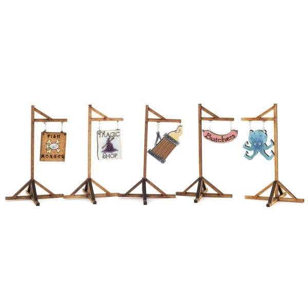 War World Gaming Fantasy Village Shop Signs with 4 Standing