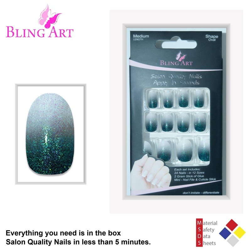 False Nail Bling Art Black Gel Ombre Oval 24 False
